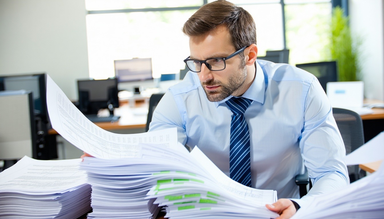 Investigator analyzing documents in an office setting.