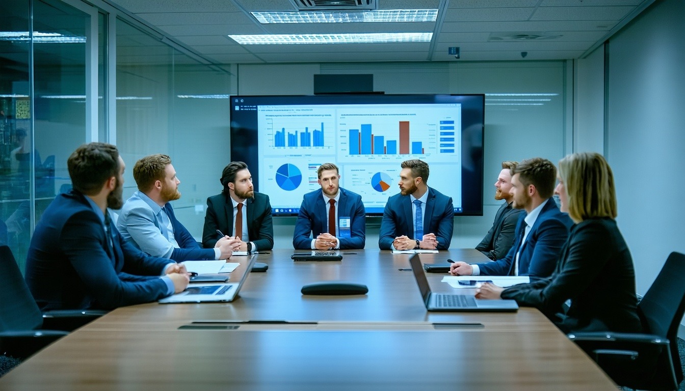 Team of investigators discussing case details in a meeting room.